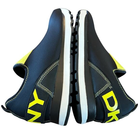 DKNY Jolie-Slip On Sneakers Neoprene Black Neon Yellow Logo NEW 7.5 - Picture 9 of 11